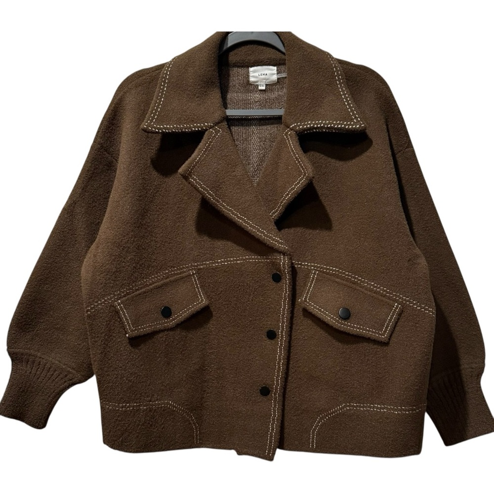 LENA Brown Knit Barn Jacket Sweater Contrast Stitching Oversized‎ Quiet Luxury